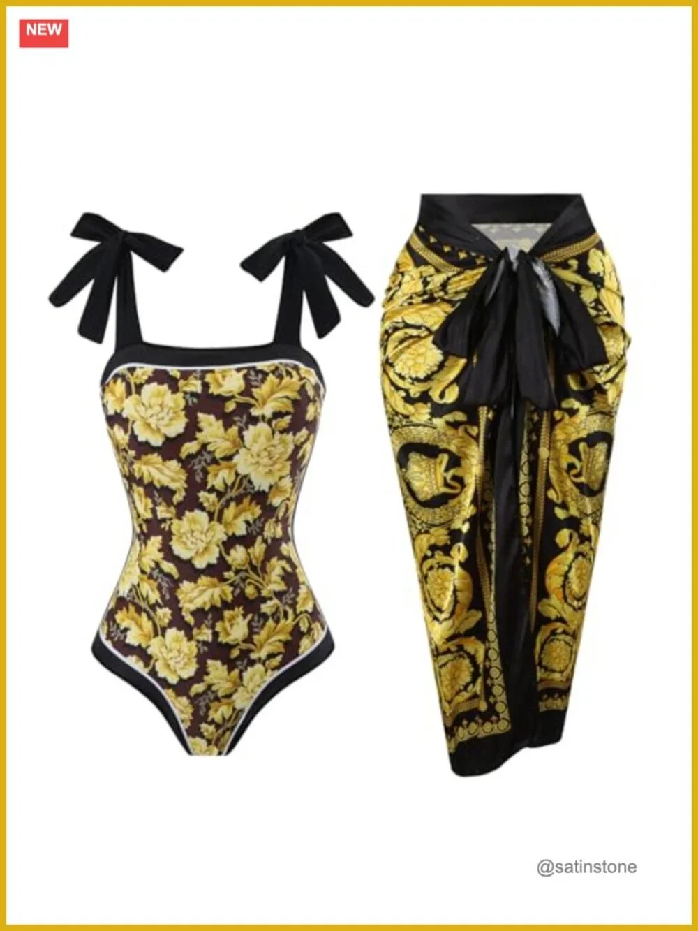 One Piece Swimsuit with Wrap Skirt Cover Up Retro Floral Print Bikini Set